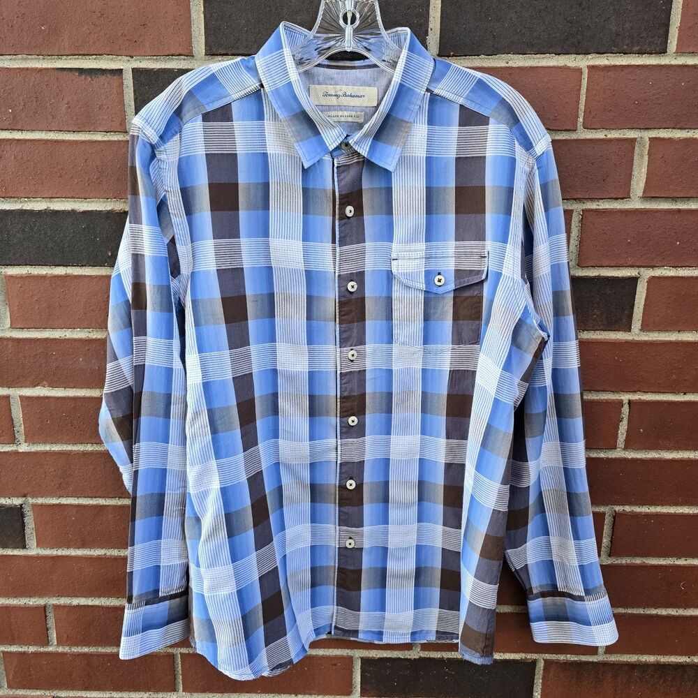 Tommy Bahama Mens Large Cotton Silk Shirt Plaid Blue Brown Island Modern Fit EUC